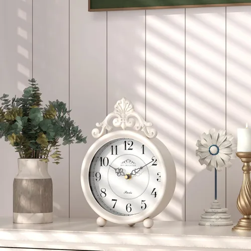 Miniatura 3 de Reloj de mesa blanco vintage, reloj de mesa y repisa, estilo rústico francés, estilo antiguo, para granja, dormitorio, sala de estar, mesita