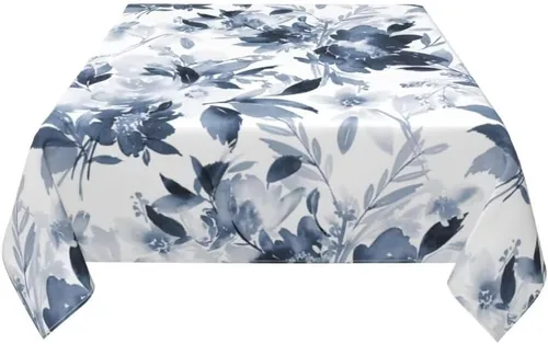 Miniatura 3 de Mantel floral azul marino de 54 x 54 pulgadas, mantel cuadrado de flores azul oscuro y blanco, mantel de poliéster para fiestas de vacaciones