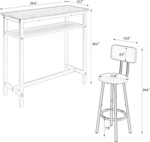 Miniatura 2 de LUMISOL Juego de mesa de barra de 3 piezas con almacenamiento para 2, moderno juego de mesa de comedor de metal con 2 taburetes, ahorra espacio