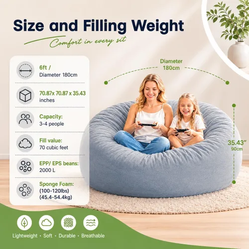 Miniatura 7 de Funda para silla de puf gigante para adultos (sin relleno, solo funda), cómoda funda de terciopelo holandés de 6 pies, funda de sofá mullida