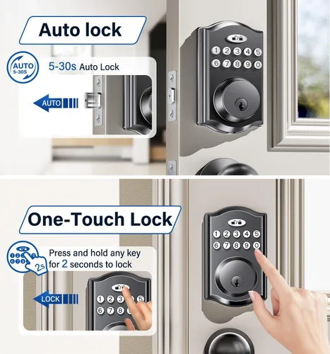 Miniatura 3 de Cerradura de puerta de entrada sin llave con 2 perillas, cerrojo electrónico retroiluminado con asa, bloqueo automático, códigos únicos, cerrojo