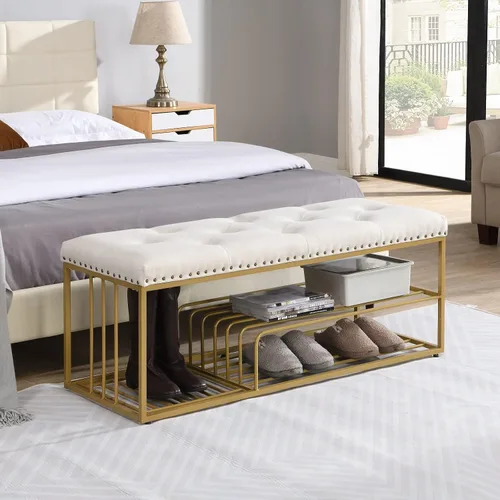 Miniatura 6 de Banco de lino con almacenamiento de zapatos de entrada con asiento acolchado copetudo, banco otomano con marco mental dorado para dormitorio, Beige