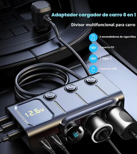 Miniatura 9 de LIHAN Divisor de encendedor de cigarrillos para automóvil, adaptador de 3 enchufes de 8 en 1,120 W y 5 USB con interruptor de alimentación maestro