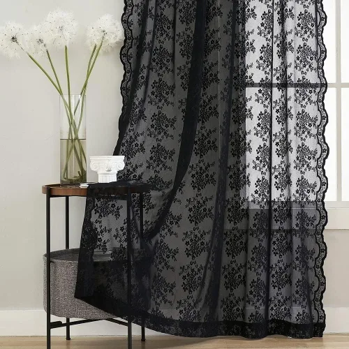 Miniatura 5 de YJ YANJUN Cortinas negras para dormitorio de 90 pulgadas de largo, 2 paneles de cortinas traslúcidas victorianas florales de Halloween para sala