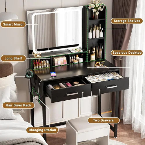 Miniatura 4 de Escritorio de tocador pequeño, escritorio de tocador con espejo y luces, escritorios de maquillaje con regleta eléctrica, mesa de tocador