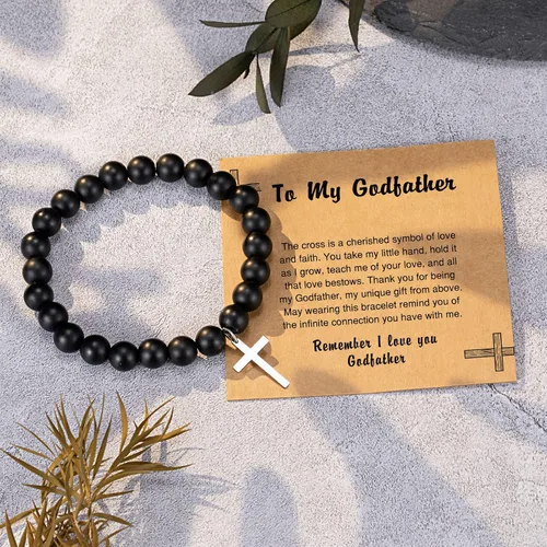 Miniatura 3 de UNGENT THEM Pulsera con dije de cruz de piedra natural para padrino, madrina, joyería para el día del padre, cumpleaños, bautismo, regalos