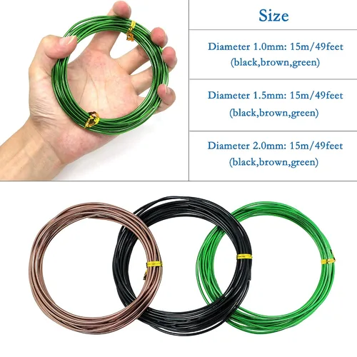 Miniatura 6 de 9 rollos de cables de bonsái, alambre de entrenamiento de bonsái de aluminio anodizado con 3 colores (negro, marrón, verde) y 3 tamaños