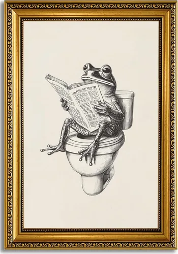 Miniatura 30 de YD&YZY Arte de pared de rana divertida para baño con marco dorado, lienzo de rana en el inodoro leyendo periódico, decoración de pared, pintura