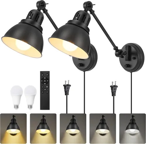 Miniatura 15 de GOODATE ENCOMLI - Juego de 2 apliques de pared enchufables con interruptor de encendido y apagado regulable, lámpara de pared con brazo oscilante