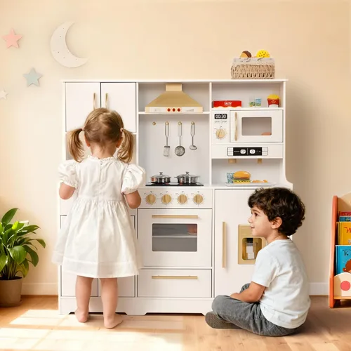 Miniatura 7 de Kinder King Cocina de madera para niños, juego de cocina de juguete para niños pequeños, juego de cocina con sonidos reales, máquina de café