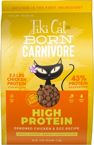 Tiki Cat Born Carnivore - Alimento seco para gatos con alto contenido de proteínas, pollo y huevo deshuesado, bolsa de 2.8 libras
