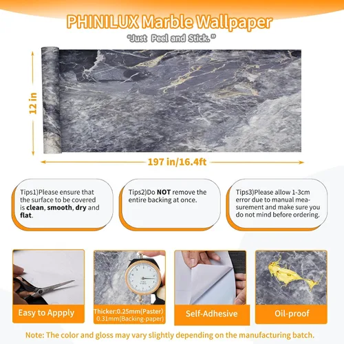 Miniatura 6 de Papel de Contacto de Mármol para Cubrir Encimeras - 12"x197" Azul Mate Despegar y Pegar Papel Tapiz - Rollo de Película de Vinilo de Granito Grueso