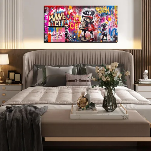 Miniatura 5 de CIRABKY Arte de pared de graffiti, colorido arte de pared de Banksy, impresión de niña con beso de niño, 20 x 40 pulgadas