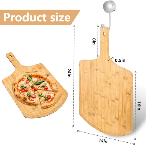 Miniatura 2 de Pala de pizza de 14 pulgadas, 16 pulgadas de largo x 14 pulgadas de ancho, con mango de madera de 8 pulgadas de largo, 24 pulgadas de largo total