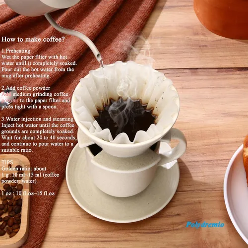 Miniatura 4 de Cafetera vertida, con 50 filtros de café de cesta, taza de 10.5 fl oz/10 oz con platillo y gotero de café, cerámica, blanco roto