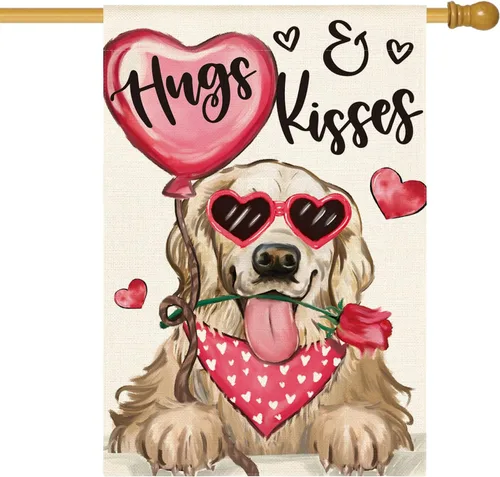 Miniatura 8 de AVOIN colorlife Bandera de jardín de perro para el día de San Valentín, 12 x 18 pulgadas, Golden Retriever Hugs Kisses de doble cara, aniversario