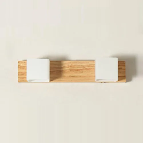Miniatura 2 de Espejo de madera con cabeza giratoria frontal, aplique de pared con base de madera, cubo de vidrio blanco, pantalla de baño, lámpara de pared
