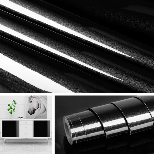 Miniatura 8 de Livelynine Papel adhesivo negro brillante para despegar y pegar, papel tapiz de cocina, impermeable, para gabinetes de baño, cubierta de vinilo