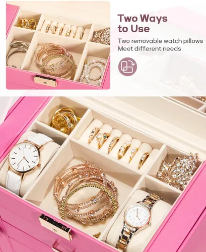 Miniatura 49 de Homde Regalos de Navidad de cuero sintético, enorme joyero, organizador de reloj con espejo, collar, anillo y aretes, estuche de regalo con Dorado