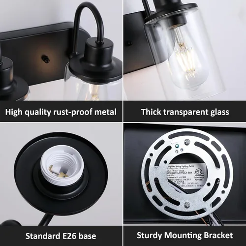 Miniatura 3 de Lámpara de baño negra mate sobre espejo, lámpara de tocador de baño de 2 luces con pantalla de vidrio transparente, apliques de pared modernos