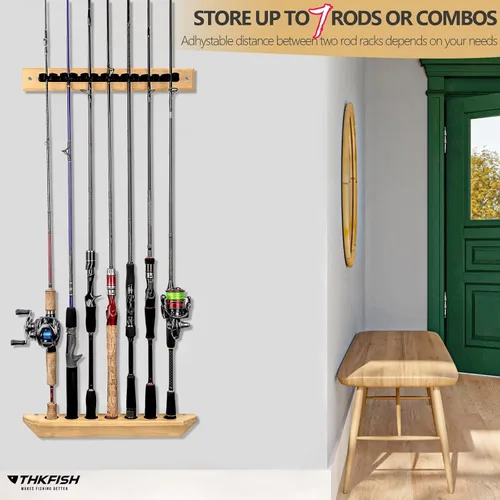 Miniatura 2 de THKFISH Bastidores de caña de pescar para garaje de madera, caña de pescar, tienda de 7 combos de caña de pescar, 1 par