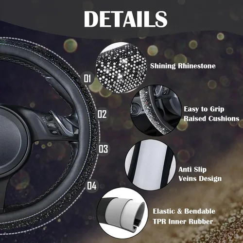 Miniatura 5 de CAR PASS Funda de Volante de Cuero con Diamantes Brillantes, Cristales Brillantes Resplandecientes con Pedrería Universal de 14" 1/2-15" pulgadas