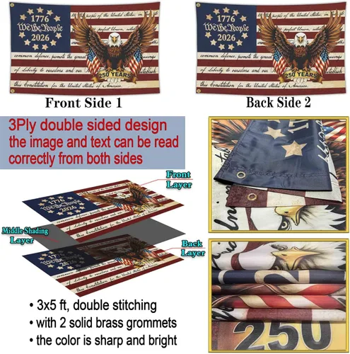 Miniatura 3 de Bandera de 3 capas para aniversario estadounidense de 250 años, decoración de mercancía, 250 aniversario, bandera patriótica de Estados Unidos