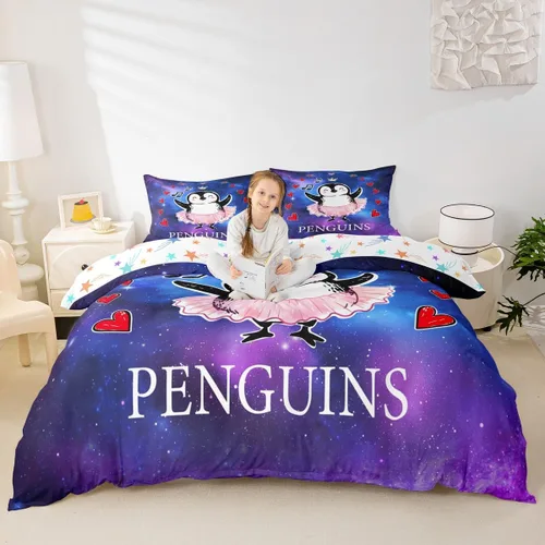 Juego de funda de edredón para niños, diseño de pingüino de dibujos animados, tamaño King, bonito juego de ropa de cama de animales de poste ártico,