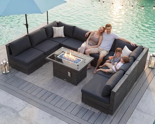Miniatura 35 de BULEXYARD Juego de 7 piezas de sofá seccional para exteriores con respaldo alto, mesa para fogatas, juego de muebles de patio de mimbre resistente a