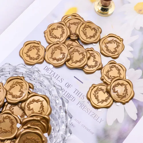 Miniatura 3 de SWANGSA 50 calcomanías de sellado de cera de laca de oro antiguo, diseño de ramas de corazón, impermeables, autoadhesivas, para invitación, tarjetas