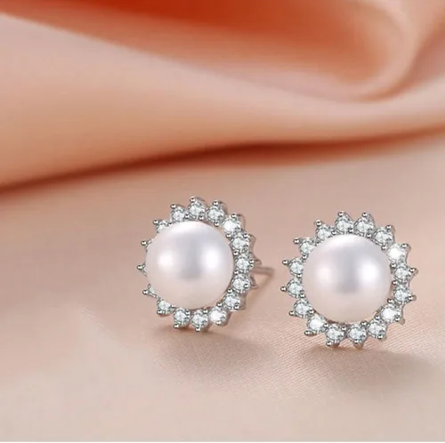 Miniatura 4 de KEETEEN Aretes de plata de ley "Sunshine" de 8.5 a 0.354in de perlas cultivadas en agua dulce blanca, aretes de circonita AAA, regalo para mujer
