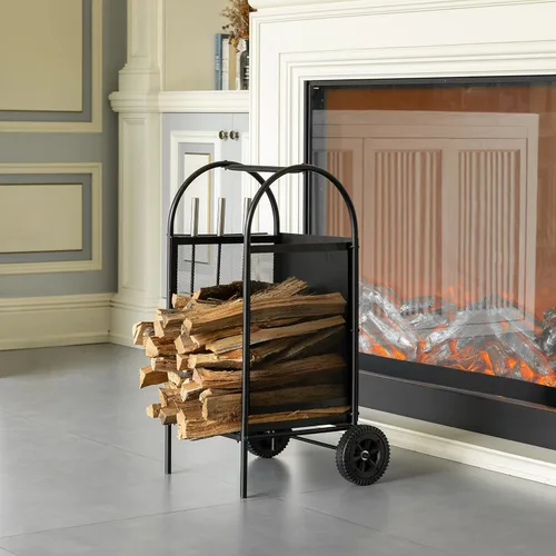 Miniatura 6 de Carrito de leña para patio interior y exterior, con ruedas y juego de herramientas para chimenea, color negro