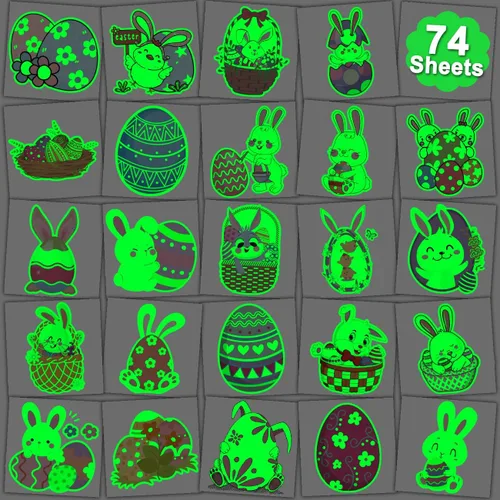 CHARLENT Tatuajes temporales de Pascua que brillan en la oscuridad para niños, rellenos de cesta de Pascua, 74 hojas individuales, tatuajes