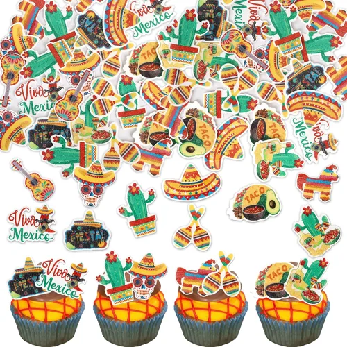 Miniatura 14 de Paquete de 41 decoraciones para tartas de cumpleaños con guitarra, cactus y burro, palillos de pimienta para fiesta mexicana, temática de baby