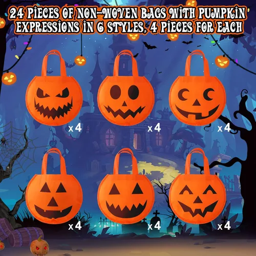 Miniatura 5 de 24 bolsas de Halloween de truco o trato de 12 x 10 pulgadas, no tejidas, bolsas de calabaza para niños, cumpleaños, regalos de fiesta de Halloween