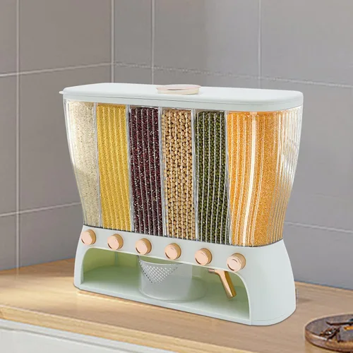 Miniatura 6 de Dispensador de alimentos secos, dispensador de cereales para encimera, 6 rejillas, dispensador de arroz de 22 libras, almacenamiento de cocina
