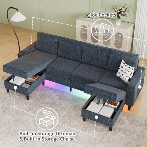 Miniatura 6 de Sofás seccionales para sala de estar, sofá seccional de tela de lino suave de 6 asientos con otomana de almacenamiento, sofá moderno convertible