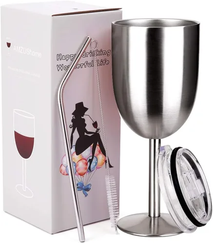 Miniatura 11 de AMZUShome Copas de vino de acero inoxidable (paquete de 2). Vaso de vino de doble pared aislado al vacío con tapa y pajita. Amistad, Navidad, Oro