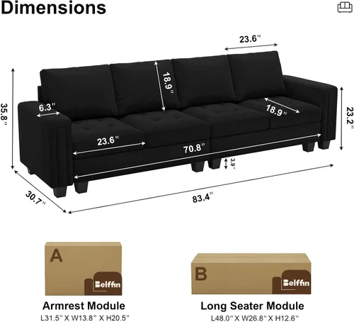 Miniatura 2 de Belffin Sofá modular de terciopelo de 4 asientos, sofá seccional de 4 asientos para sala de estar, color negro