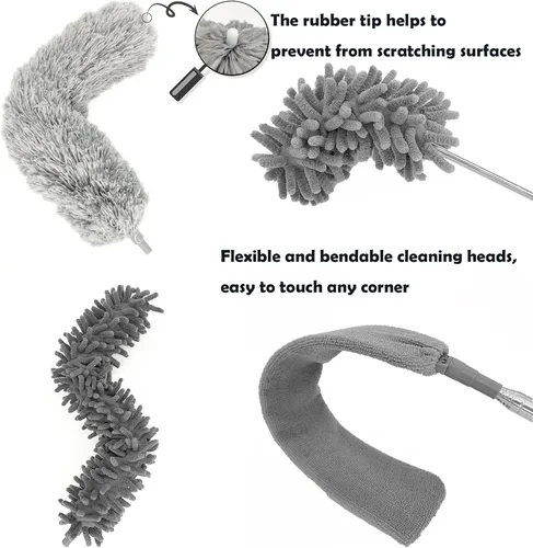 Miniatura 4 de Kit de plumero de microfibra 5 en 1 con poste de extensión (30-100 pulgadas) para techo alto, ventilador, telaraña, persianas y muebles, cabezales