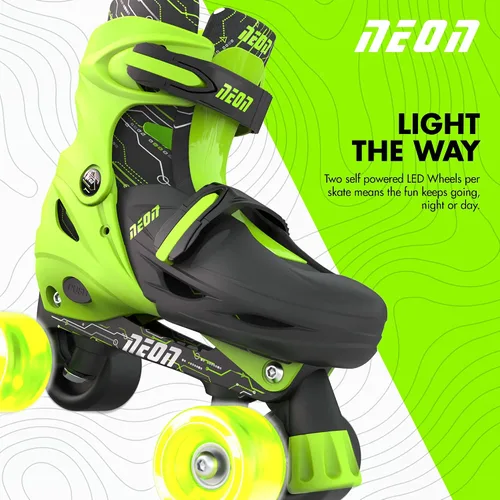 Miniatura 5 de Yvolution Patines combinados de neón, patines 2-1 cuádruple y en línea para niños con ruedas LED, tamaño ajustable (verde, 12-2)