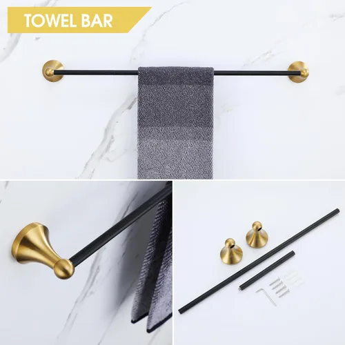 Miniatura 3 de Juego de Herrajes de Baño Dorado Cepillado y Negro, Kit de Accesorios de Baño Negro y Dorado de 4 Piezas de Acero Inoxidable Barra de Toalla de 23.6
