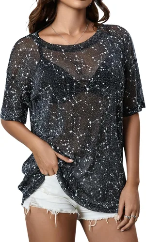 MakeMeChic Camisetas de manga corta para mujer, talla grande, color negro, con lentejuelas, transparentes, para Año Nuevo