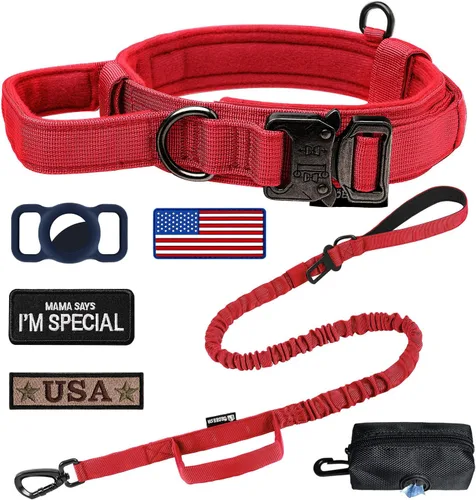Miniatura 16 de Juego de collar y correa táctica para perro: collar de perro de nailon ajustable con asa que absorbe los golpes, correa retráctil fuerte para perros