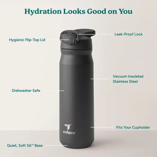 Miniatura 3 de REDUCE Hydrate Pro - Botella de agua aislada de acero inoxidable de 24 onzas, tapa abatible a prueba de fugas, apta para lavavajillas, sin BPA, Negro