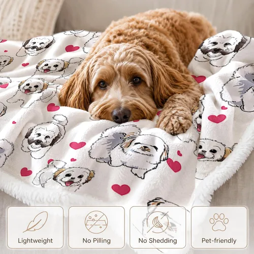 Miniatura 4 de BlessLiving Manta de sherpa con diseño de Shih Tzu - Manta súper suave, acogedora y cálida con corazones rojos, manta de felpa gruesa y mullida