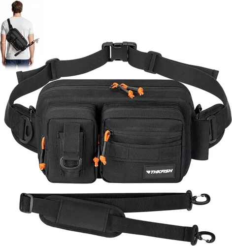 THKFISH Riñonera de pesca - Riñonera impermeable para mujeres y hombres - Bolsa portátil para pesca al aire libre y con mosca (negro, grande)