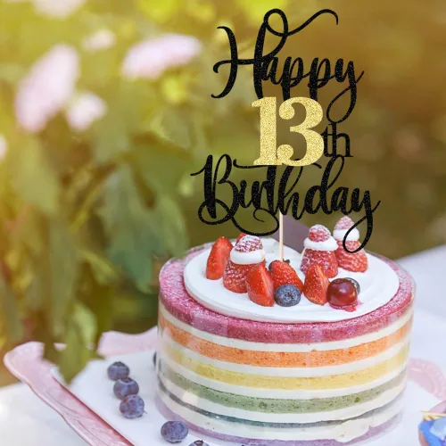 Miniatura 5 de Decoración para pastel de cumpleaños número 13 con destellos negros y dorados para tartas de 13 años, decoración para pastel de 13 años, decoración