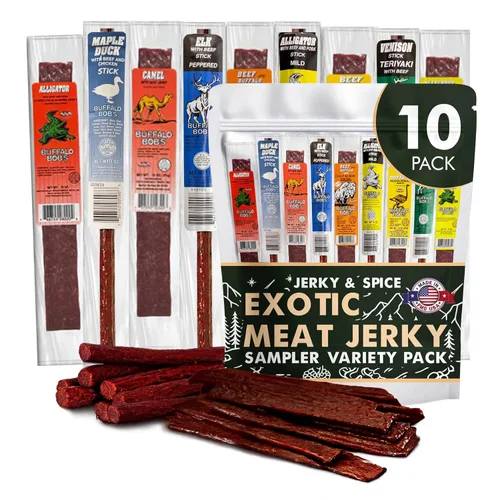 Buffalo Bob's Wild Game Jerky (paquete de 10) | Paquete de regalo de muestra de carne exótica premium | Incluye búfalo, alce, venado, avestruz,