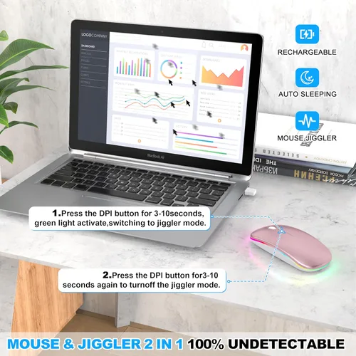 Miniatura 4 de Mouse inalámbrico LED Bluetooth para MacBook Air Mac Pro Laptop iPad – Ratón óptico recargable con luz silenciosa con Jiggler Dual Mode BT5.2 y Rosa